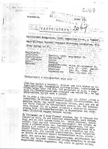 Részlet a Deportáltakat Gondozó Országos Bizottság által felvett jegyzőkönyvekből (Forrás: DEGOB-jegyzőkönyvek: 2067, MZSL)
